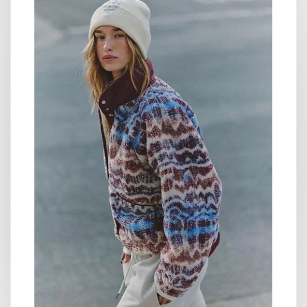 NWT Free People Hit The Slopes Fleece Jacket Denim Combo